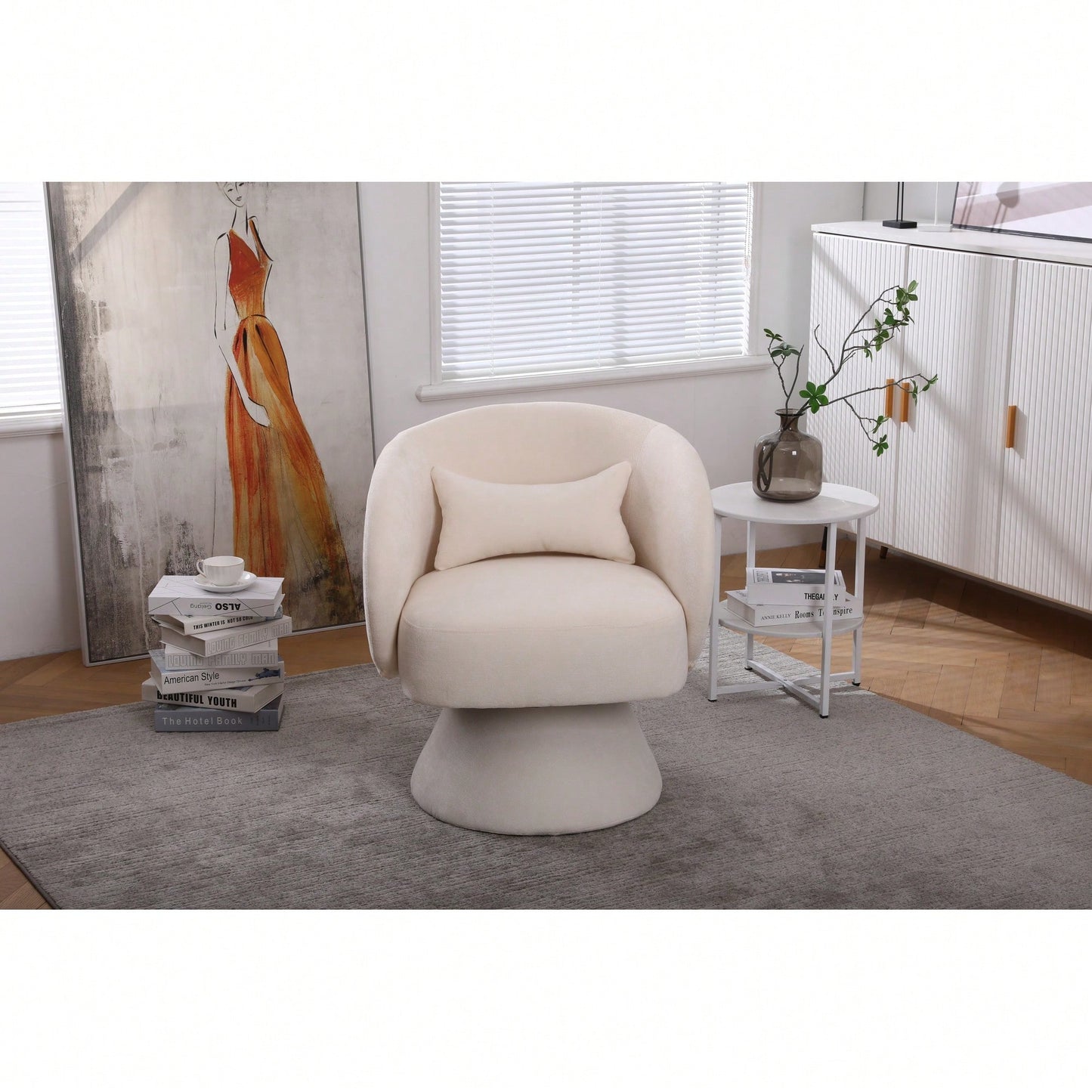 Stylish Swivel Accent Armchair With Round Barrel Design, Cozy Fabric Seating For Living Room Or Bedroom - Beige