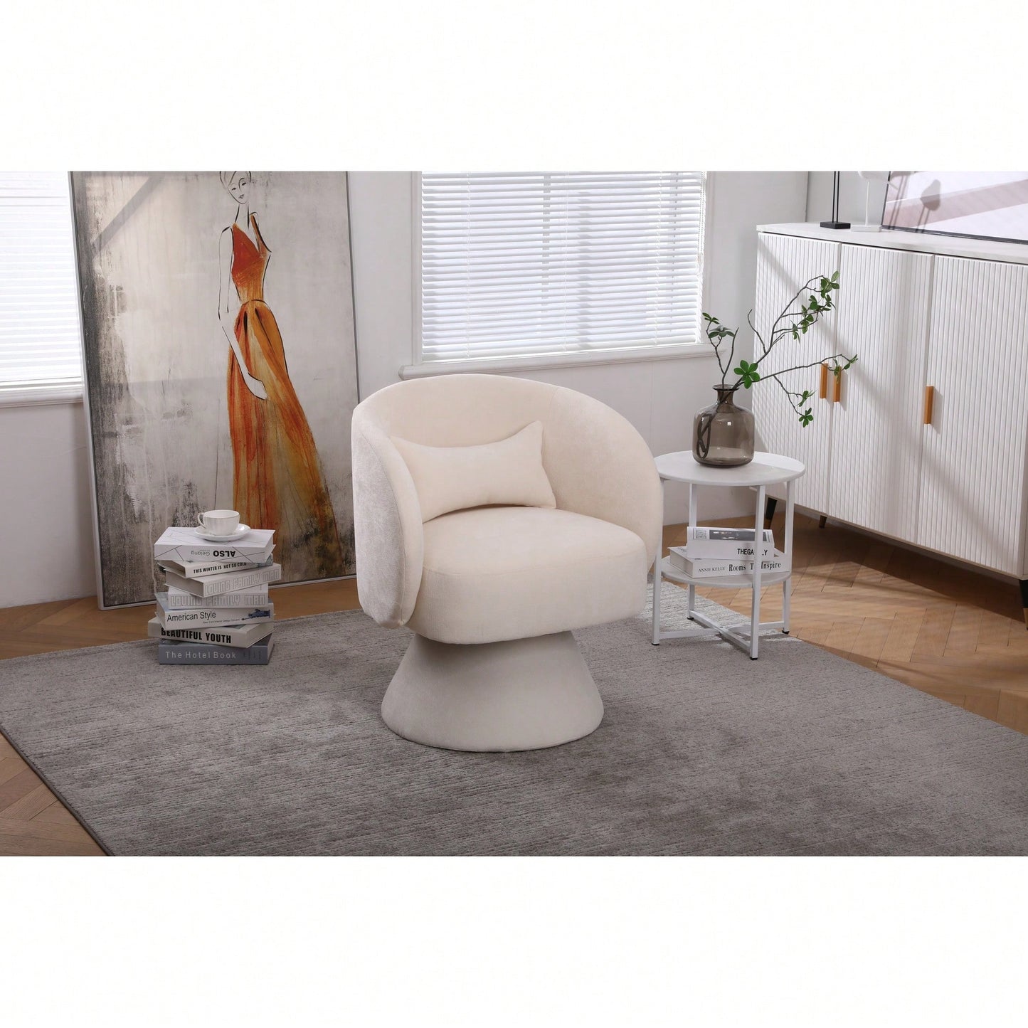 Stylish Swivel Accent Armchair With Round Barrel Design, Cozy Fabric Seating For Living Room Or Bedroom - Beige