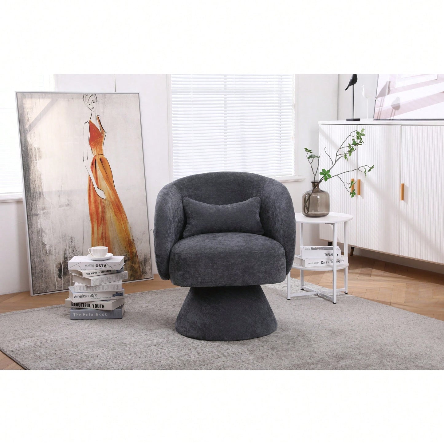 Stylish Swivel Accent Armchair With Round Barrel Design, Cozy Fabric Seating For Living Room Or Bedroom - Beige