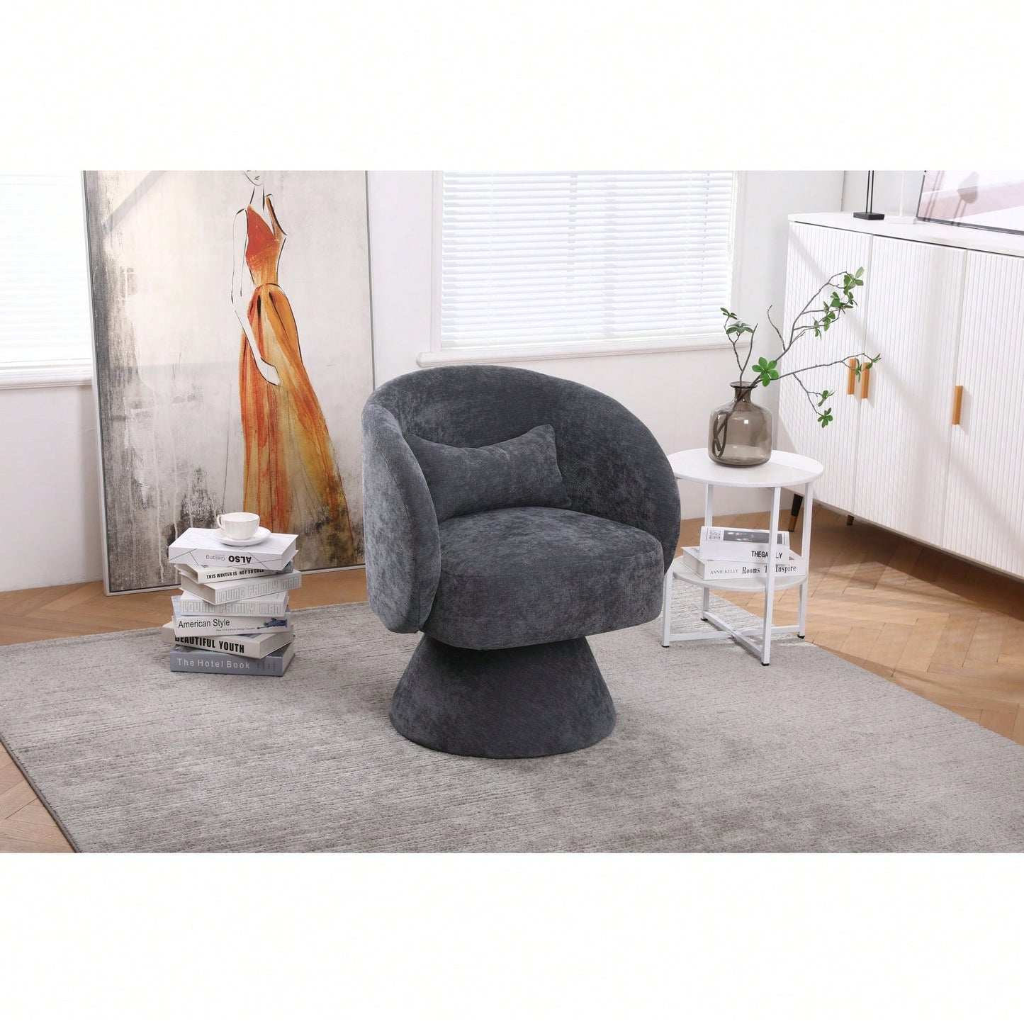 Stylish Swivel Accent Armchair With Round Barrel Design, Cozy Fabric Seating For Living Room Or Bedroom - Beige