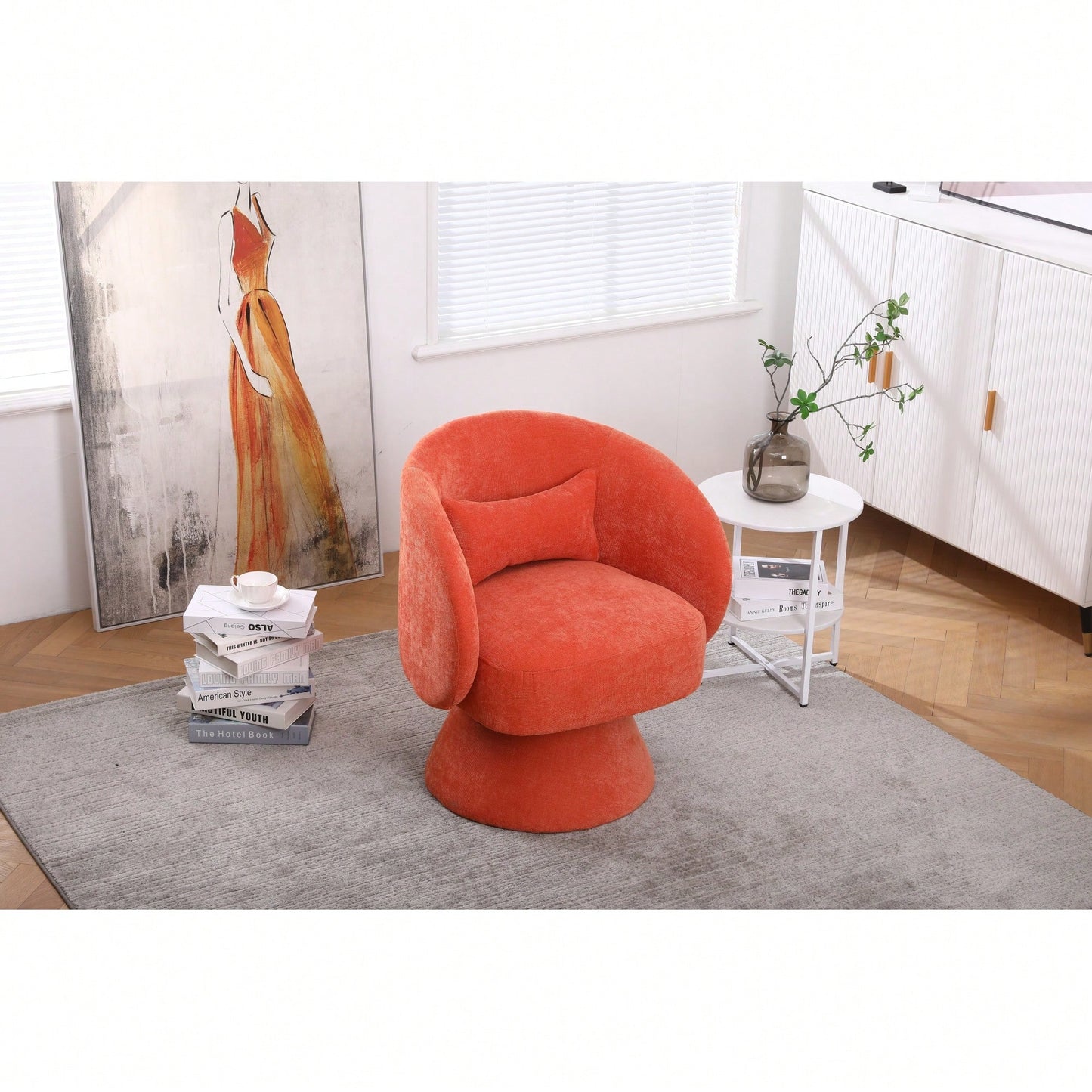 Stylish Swivel Accent Armchair With Round Barrel Design, Cozy Fabric Seating For Living Room Or Bedroom - Beige