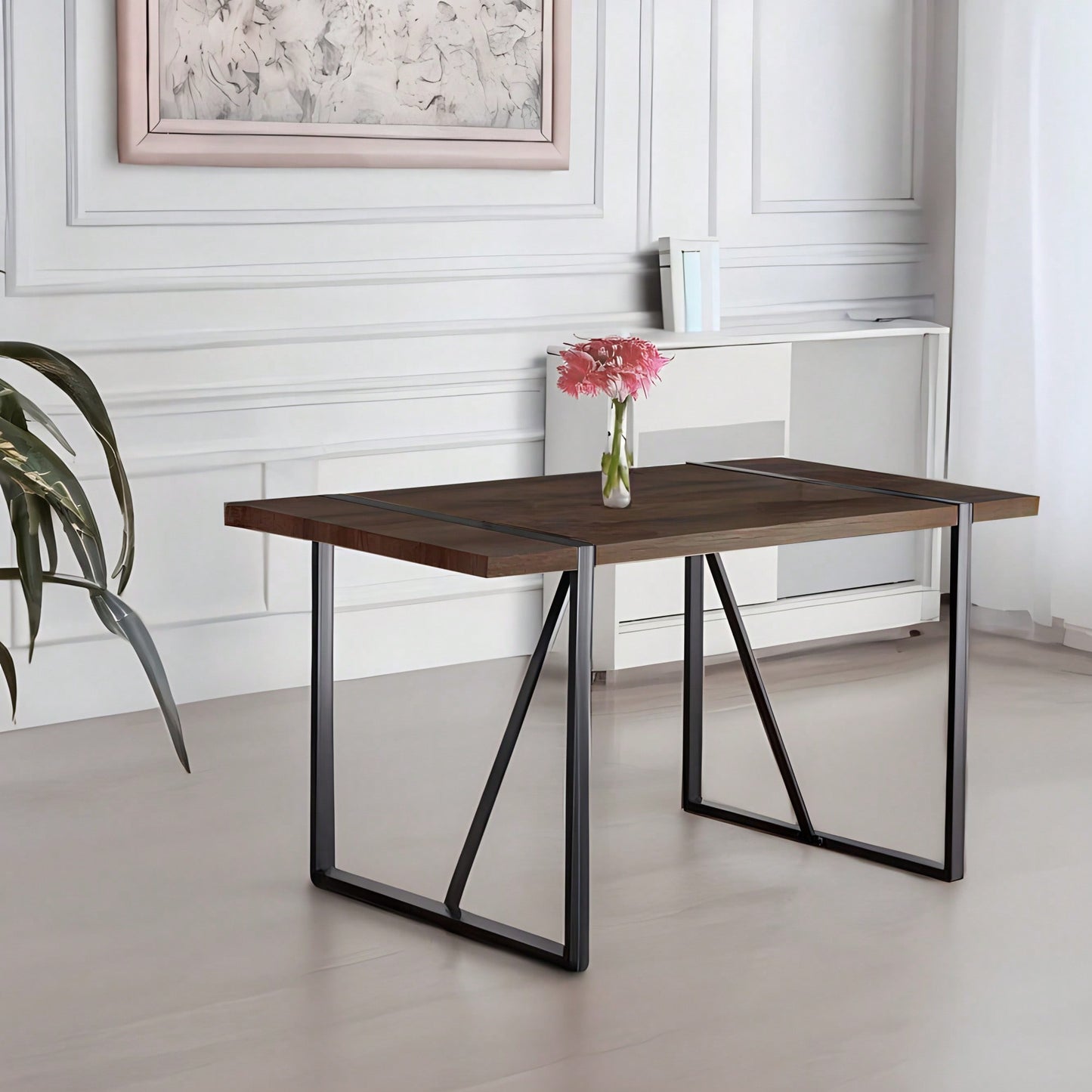 55 Inch Rustic Industrial Dining Table for 4-6 Thick Wood Top Black Metal Legs Ideal for Kitchen or Living Room