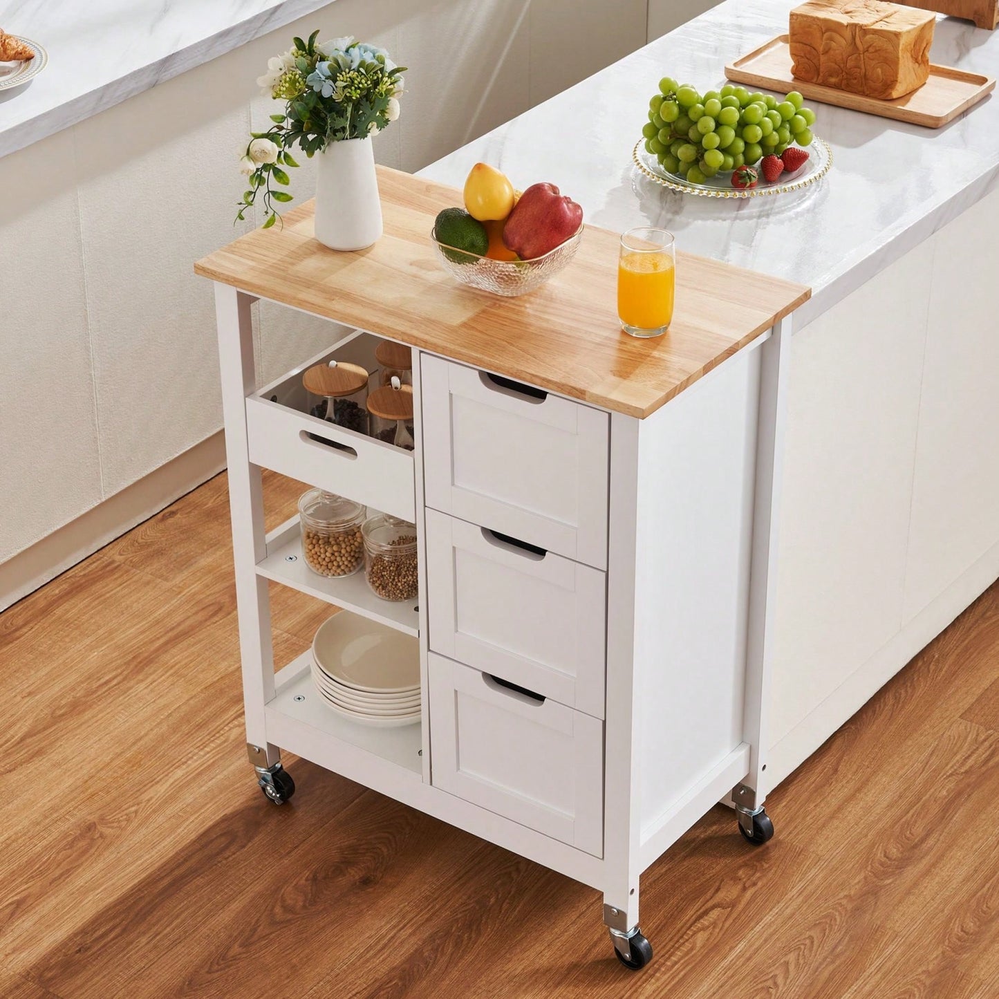 Mobile Kitchen Island Cart with Solid Wood Top 3 Drawers and Storage Shelves Stylish White Finish on Wheels