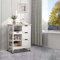 Mobile Kitchen Island Cart with Solid Wood Top 3 Drawers and Storage Shelves Stylish White Finish on Wheels