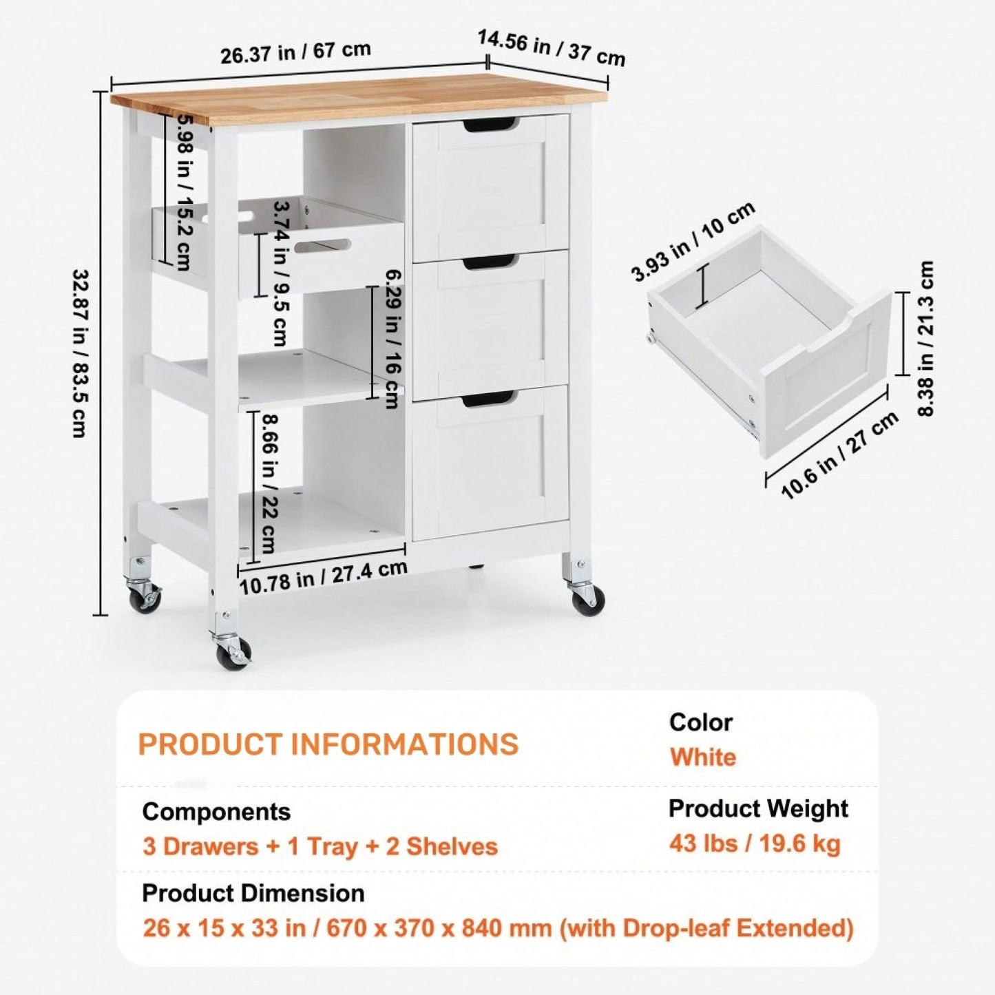 Mobile Kitchen Island Cart with Solid Wood Top 3 Drawers and Storage Shelves Stylish White Finish on Wheels