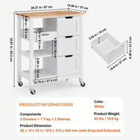 Mobile Kitchen Island Cart with Solid Wood Top 3 Drawers and Storage Shelves Stylish White Finish on Wheels