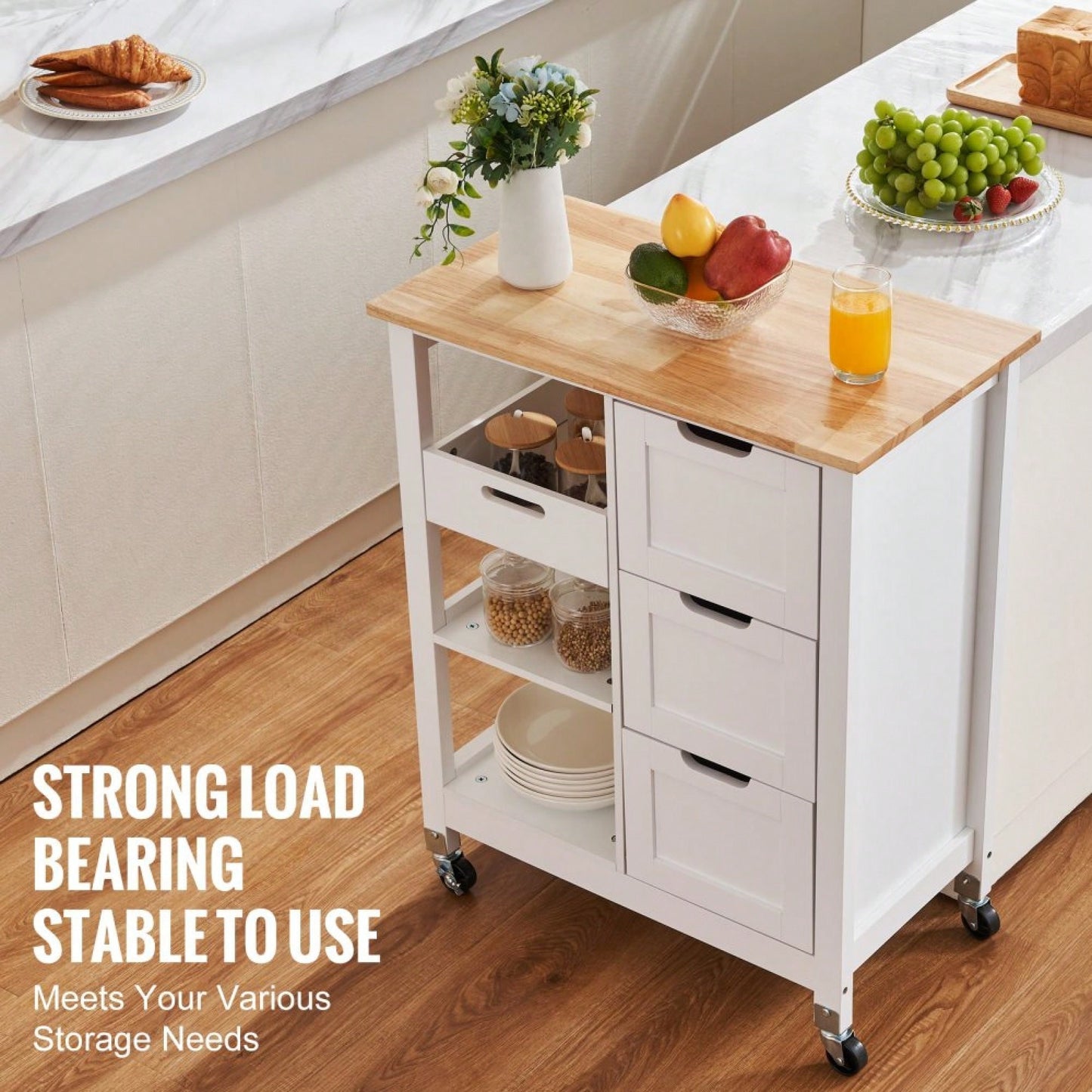 Mobile Kitchen Island Cart with Solid Wood Top 3 Drawers and Storage Shelves Stylish White Finish on Wheels