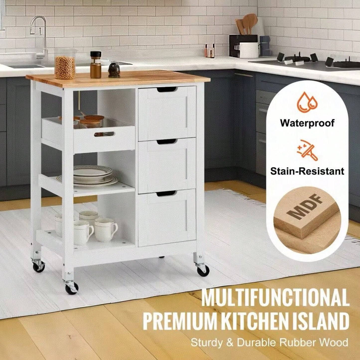 Mobile Kitchen Island Cart with Solid Wood Top 3 Drawers and Storage Shelves Stylish White Finish on Wheels