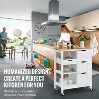 Mobile Kitchen Island Cart with Solid Wood Top 3 Drawers and Storage Shelves Stylish White Finish on Wheels