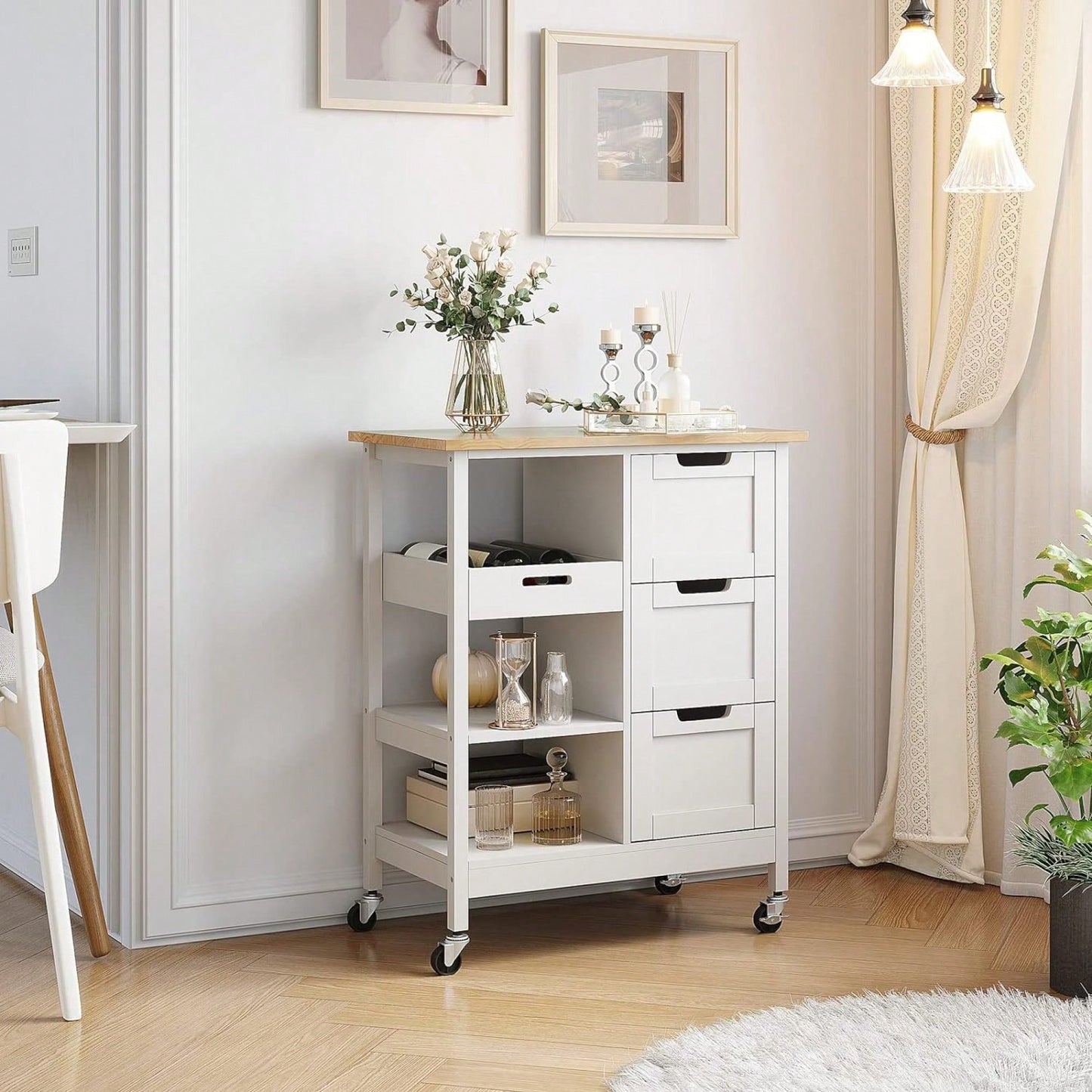 Mobile Kitchen Island Cart with Solid Wood Top 3 Drawers and Storage Shelves Stylish White Finish on Wheels