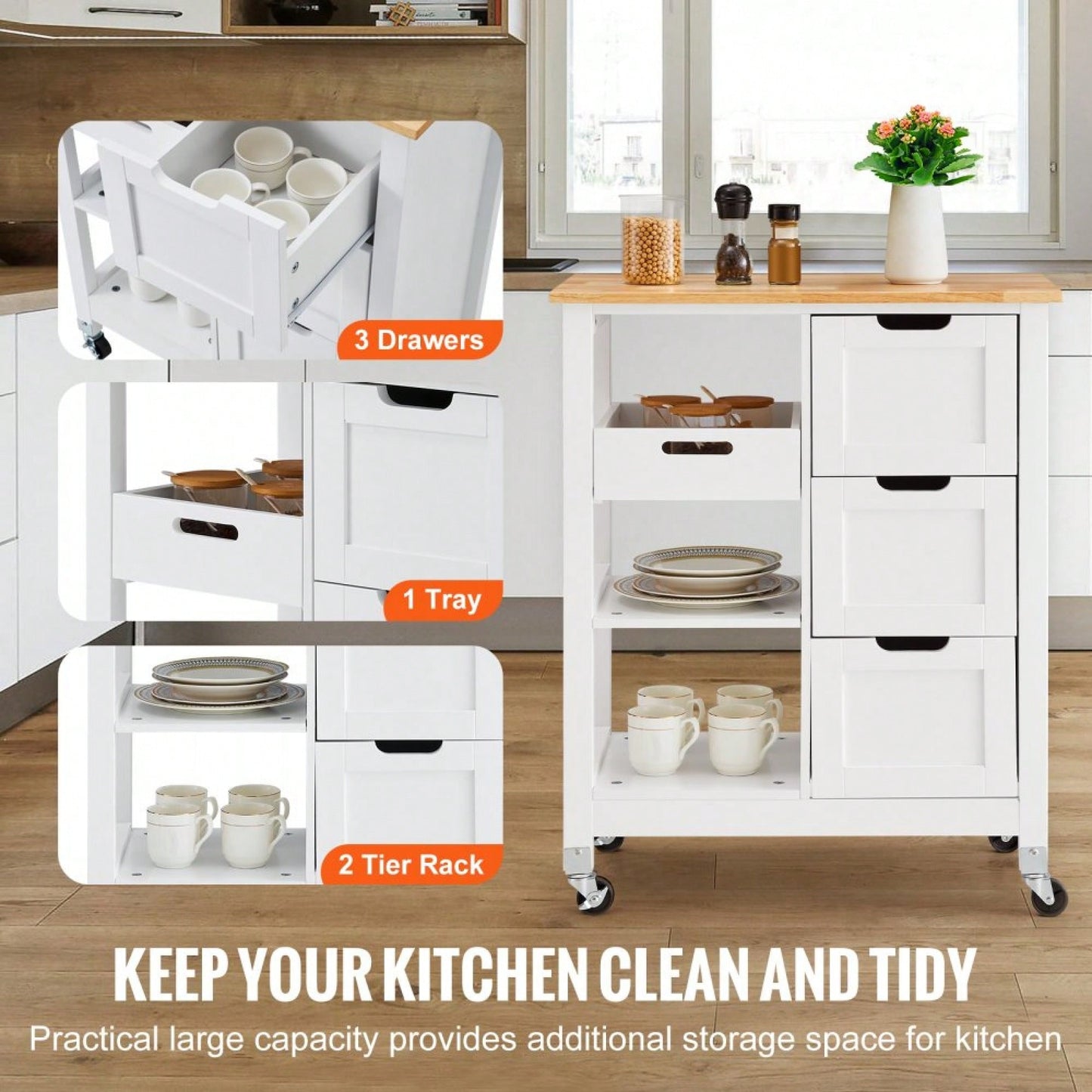 Mobile Kitchen Island Cart with Solid Wood Top 3 Drawers and Storage Shelves Stylish White Finish on Wheels