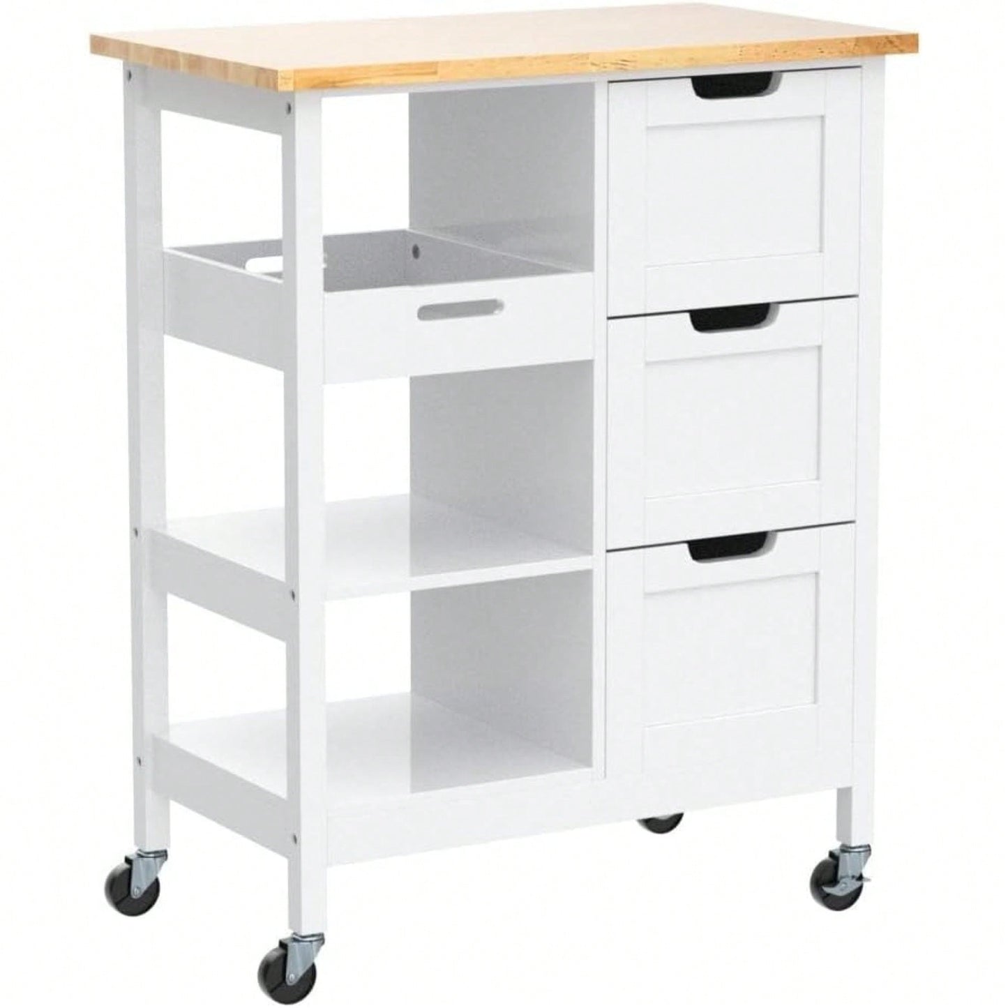 Mobile Kitchen Island Cart with Solid Wood Top 3 Drawers and Storage Shelves Stylish White Finish on Wheels