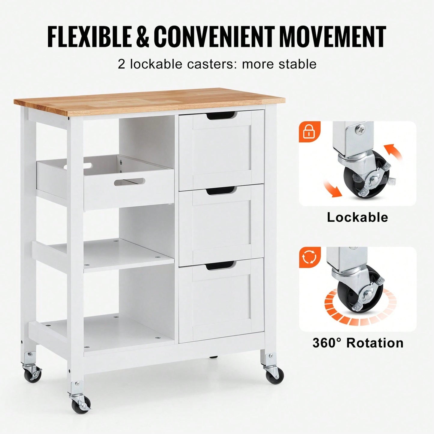 Mobile Kitchen Island Cart with Solid Wood Top 3 Drawers and Storage Shelves Stylish White Finish on Wheels