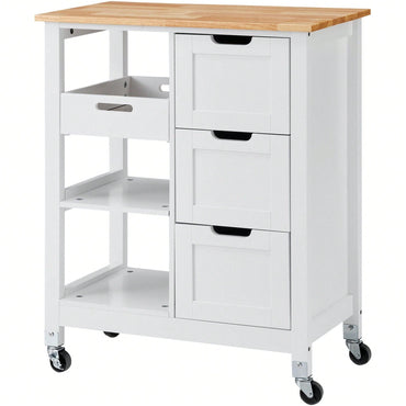 Mobile Kitchen Island Cart with Solid Wood Top 3 Drawers and Storage Shelves Stylish White Finish on Wheels