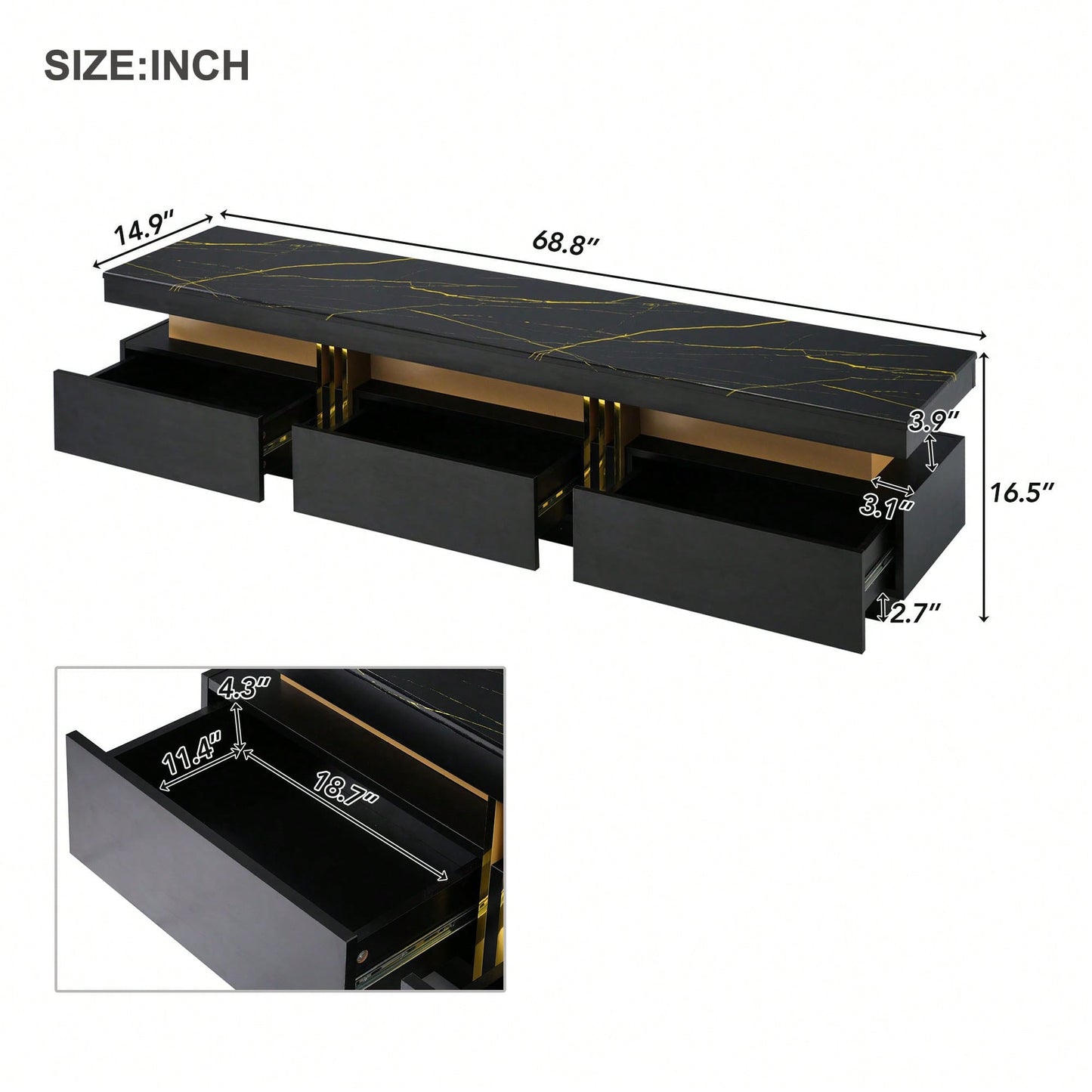 Sleek Black Faux Marble TV Stand for 78 Inch TVs with Golden Accents and 3 Drawers