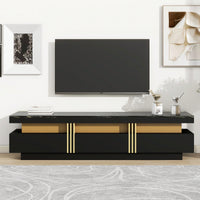 Sleek Black Faux Marble TV Stand for 78 Inch TVs with Golden Accents and 3 Drawers