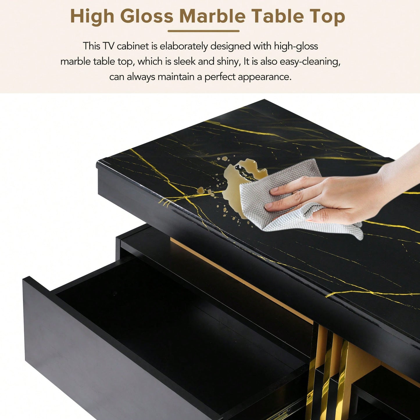 Sleek Black Faux Marble TV Stand for 78 Inch TVs with Golden Accents and 3 Drawers