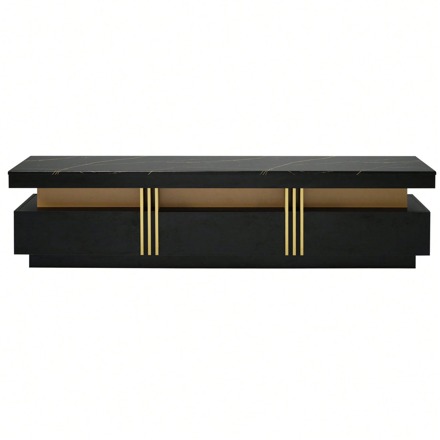 Sleek Black Faux Marble TV Stand for 78 Inch TVs with Golden Accents and 3 Drawers