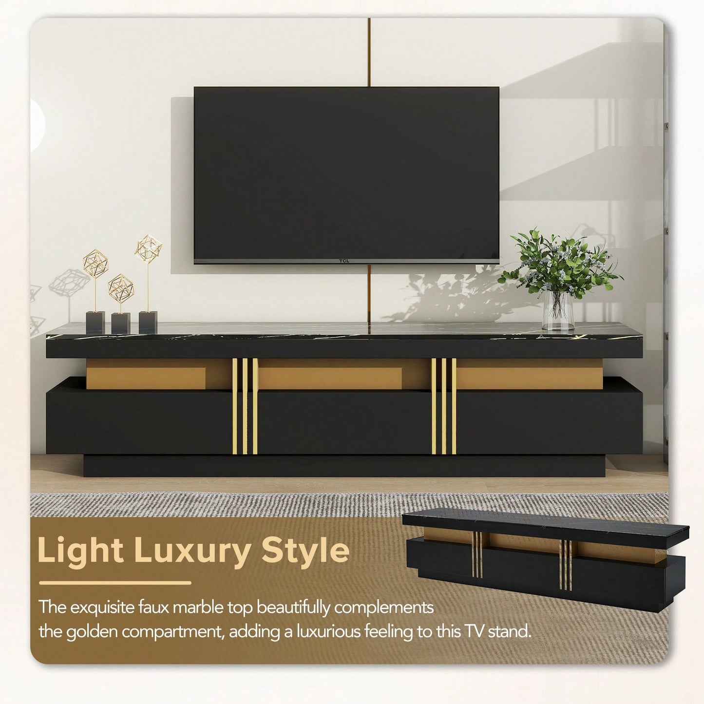 Sleek Black Faux Marble TV Stand for 78 Inch TVs with Golden Accents and 3 Drawers