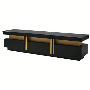 Sleek Black Faux Marble TV Stand for 78 Inch TVs with Golden Accents and 3 Drawers