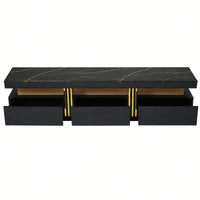 Sleek Black Faux Marble TV Stand for 78 Inch TVs with Golden Accents and 3 Drawers