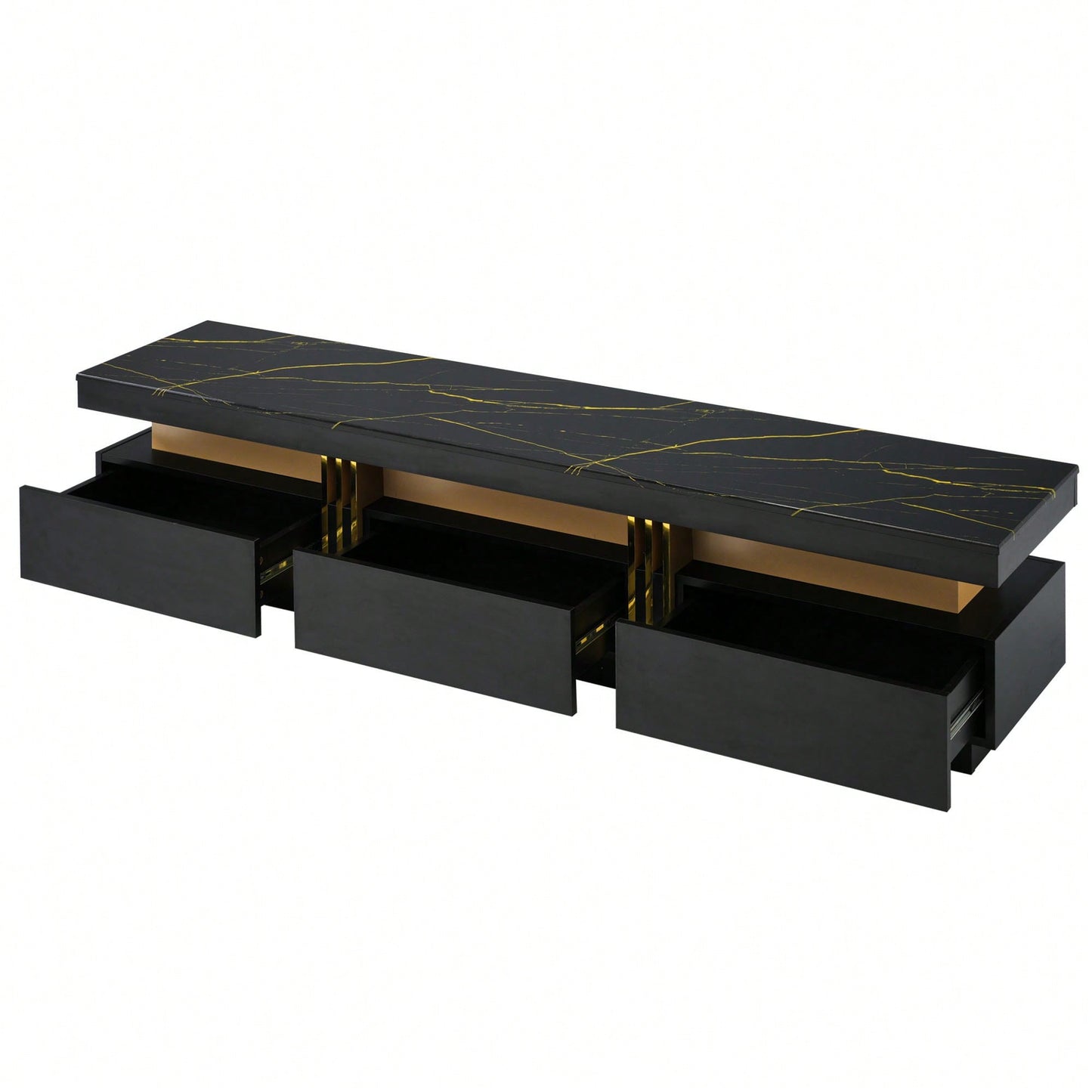 Sleek Black Faux Marble TV Stand for 78 Inch TVs with Golden Accents and 3 Drawers