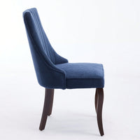 Curved Solid Wood Dining Chairs Set of 2 with Blue Flocking Linen Upholstery for Kitchen and Accent Decor