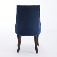 Curved Solid Wood Dining Chairs Set of 2 with Blue Flocking Linen Upholstery for Kitchen and Accent Decor