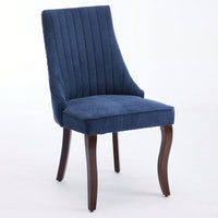 Curved Solid Wood Dining Chairs Set of 2 with Blue Flocking Linen Upholstery for Kitchen and Accent Decor