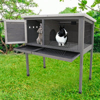 Large 48 Inch Wooden Rabbit Hutch with Removable Tray and Lockable Door for Bunnies Chickens and Small Pets Grey