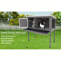 Large 48 Inch Wooden Rabbit Hutch with Removable Tray and Lockable Door for Bunnies Chickens and Small Pets Grey