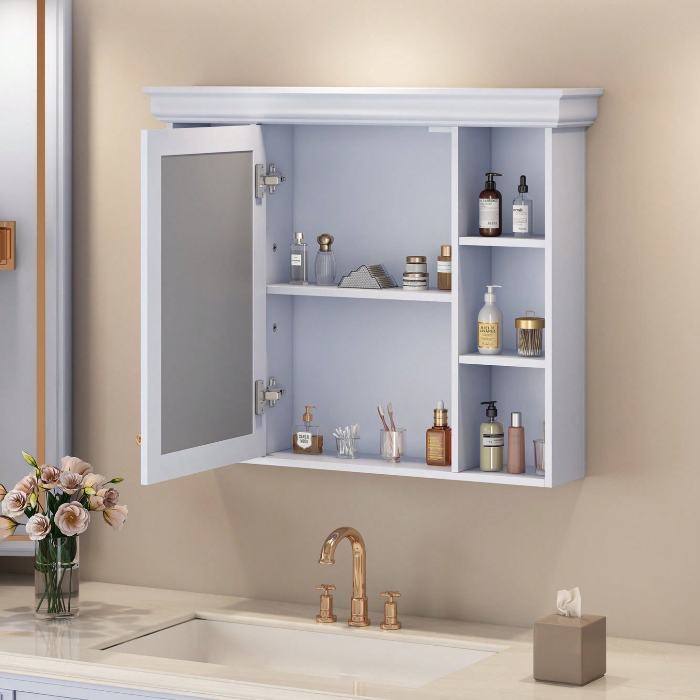 Stylish 35'' X 28'' Wall-Mounted Bathroom Storage Cabinet With Mirror Door And 6 Open Shelves - Modern Design For Efficient Organization