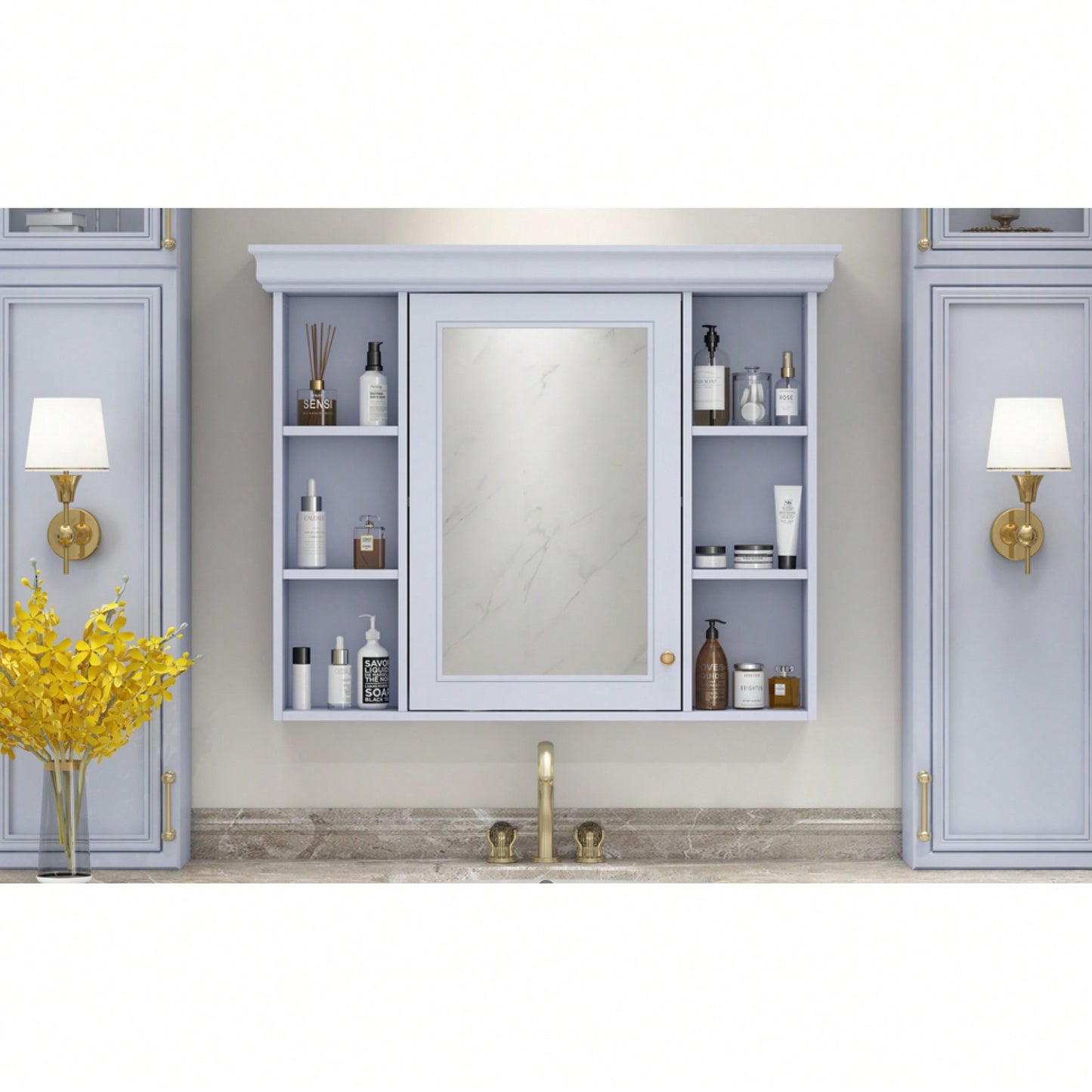 Stylish 35'' X 28'' Wall-Mounted Bathroom Storage Cabinet With Mirror Door And 6 Open Shelves - Modern Design For Efficient Organization