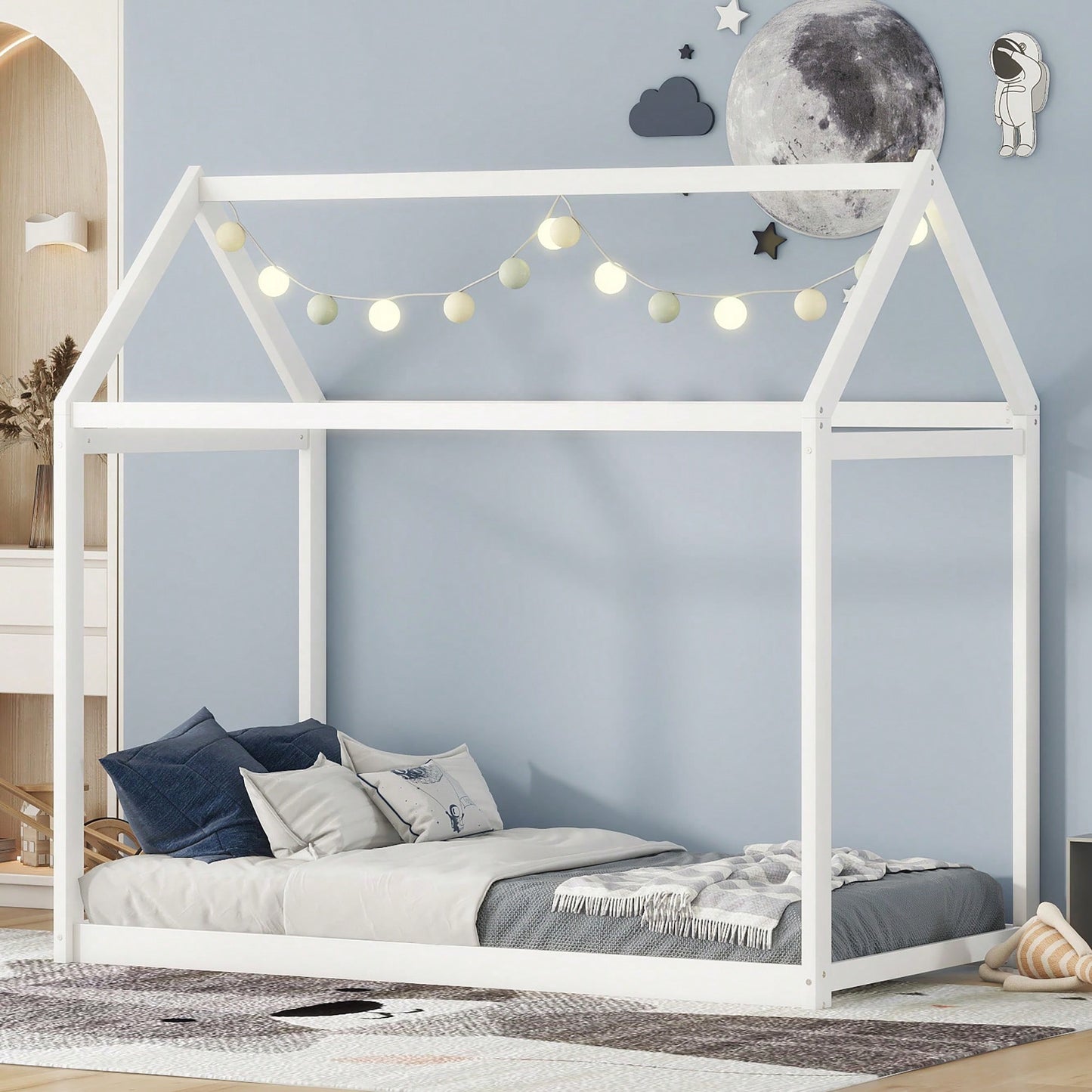 Cozy Twin Size Wooden House Bed In Stylish Gray Finish For Kids' Rooms