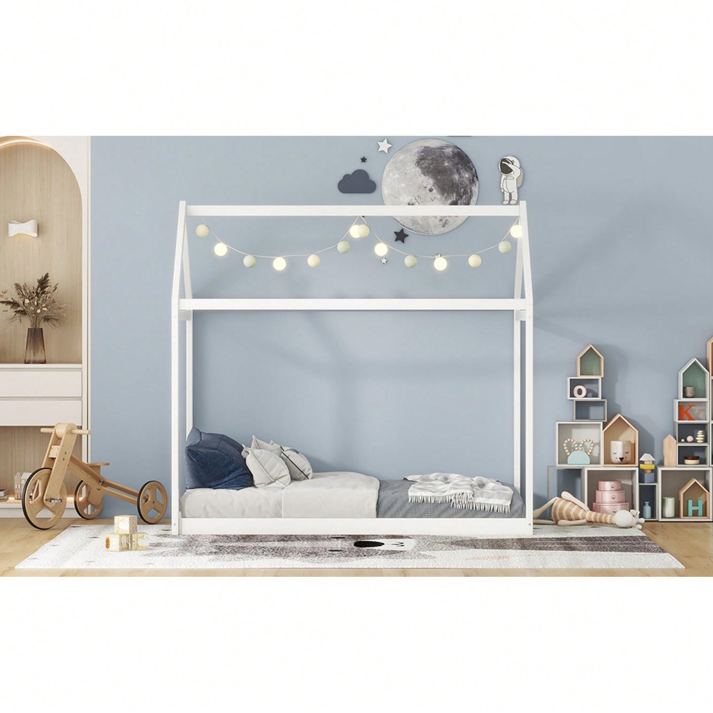 Cozy Twin Size Wooden House Bed In Stylish Gray Finish For Kids' Rooms