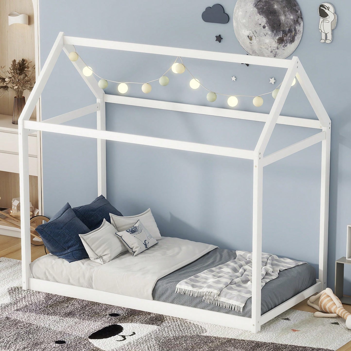 Cozy Twin Size Wooden House Bed In Stylish Gray Finish For Kids' Rooms