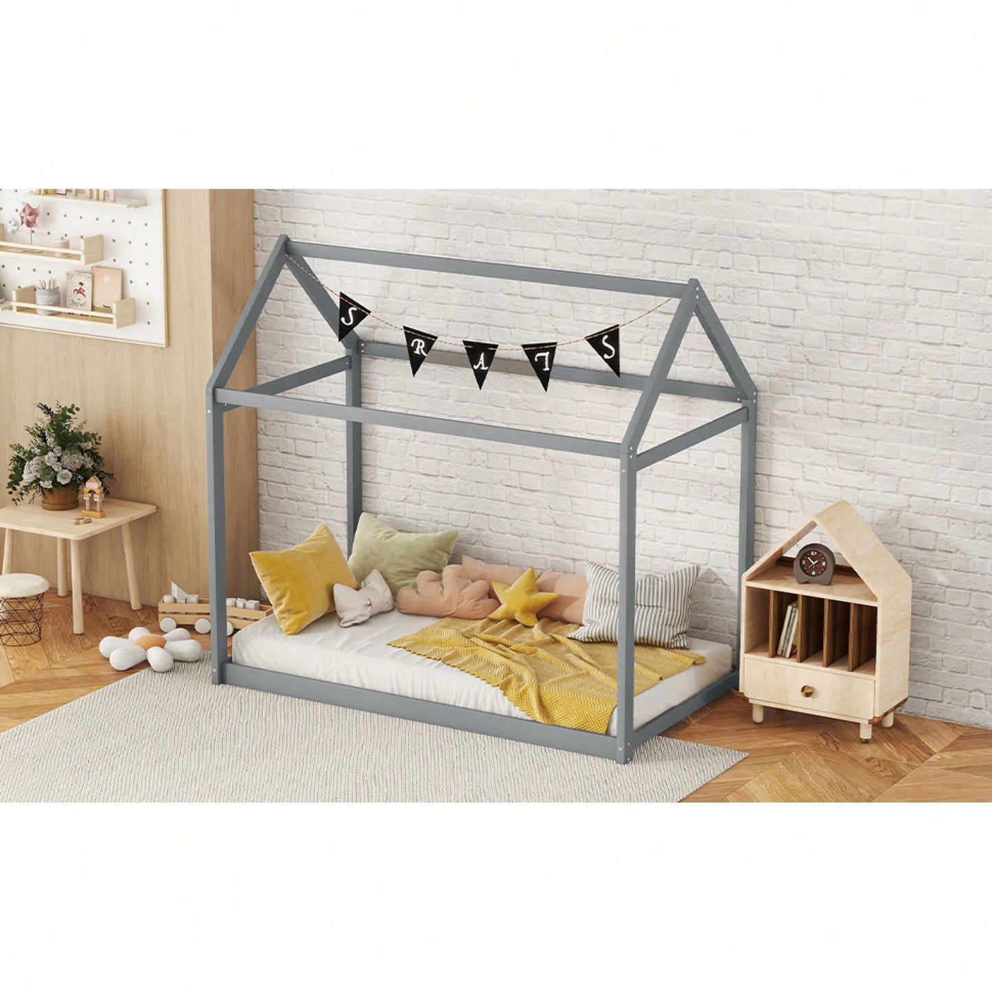 Cozy Twin Size Wooden House Bed In Stylish Gray Finish For Kids' Rooms
