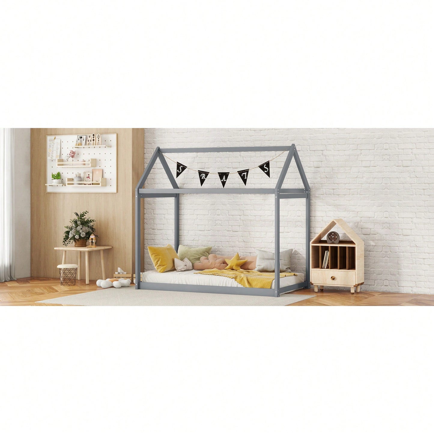 Cozy Twin Size Wooden House Bed In Stylish Gray Finish For Kids' Rooms