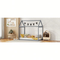Cozy Twin Size Wooden House Bed In Stylish Gray Finish For Kids' Rooms