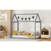 Cozy Twin Size Wooden House Bed In Stylish Gray Finish For Kids' Rooms