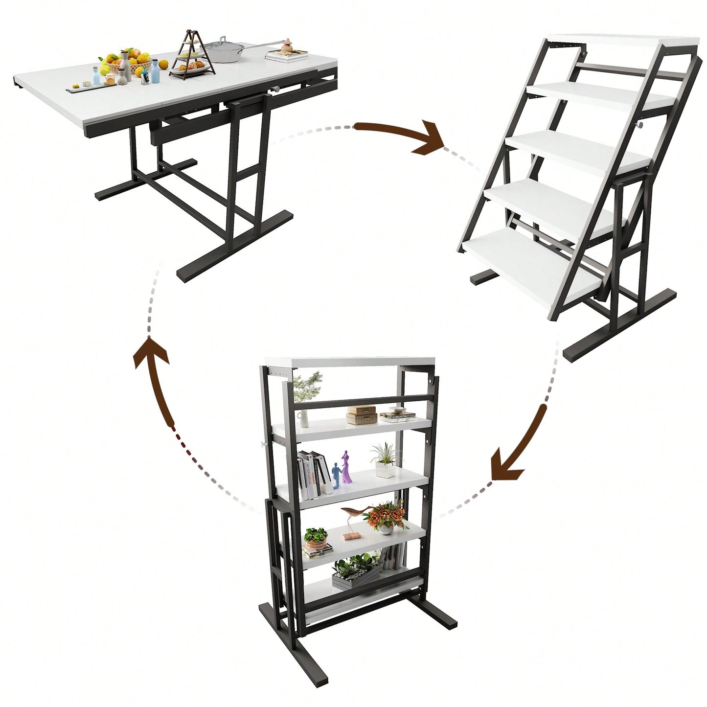 Elegant Solid Mahogany Multifunction Convertible Dining Table With Space-Saving Shelf, Ideal For Home And Studio - White Finish