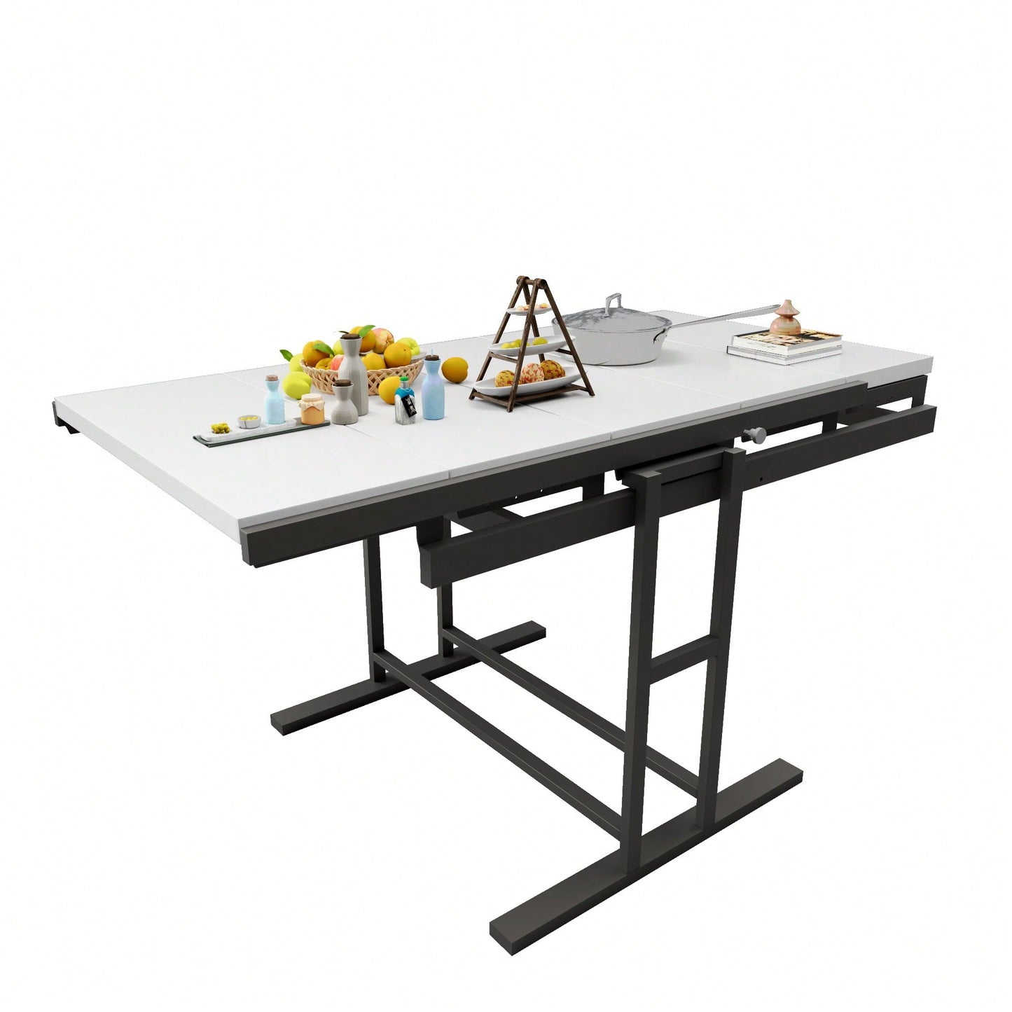 Elegant Solid Mahogany Multifunction Convertible Dining Table With Space-Saving Shelf, Ideal For Home And Studio - White Finish