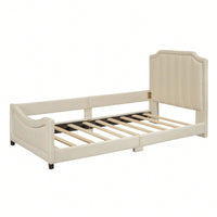Elegant Beige Twin Size Upholstered Daybed With Classic Striped Headboard – Versatile And Stylish Sleeping Solution For Any Room