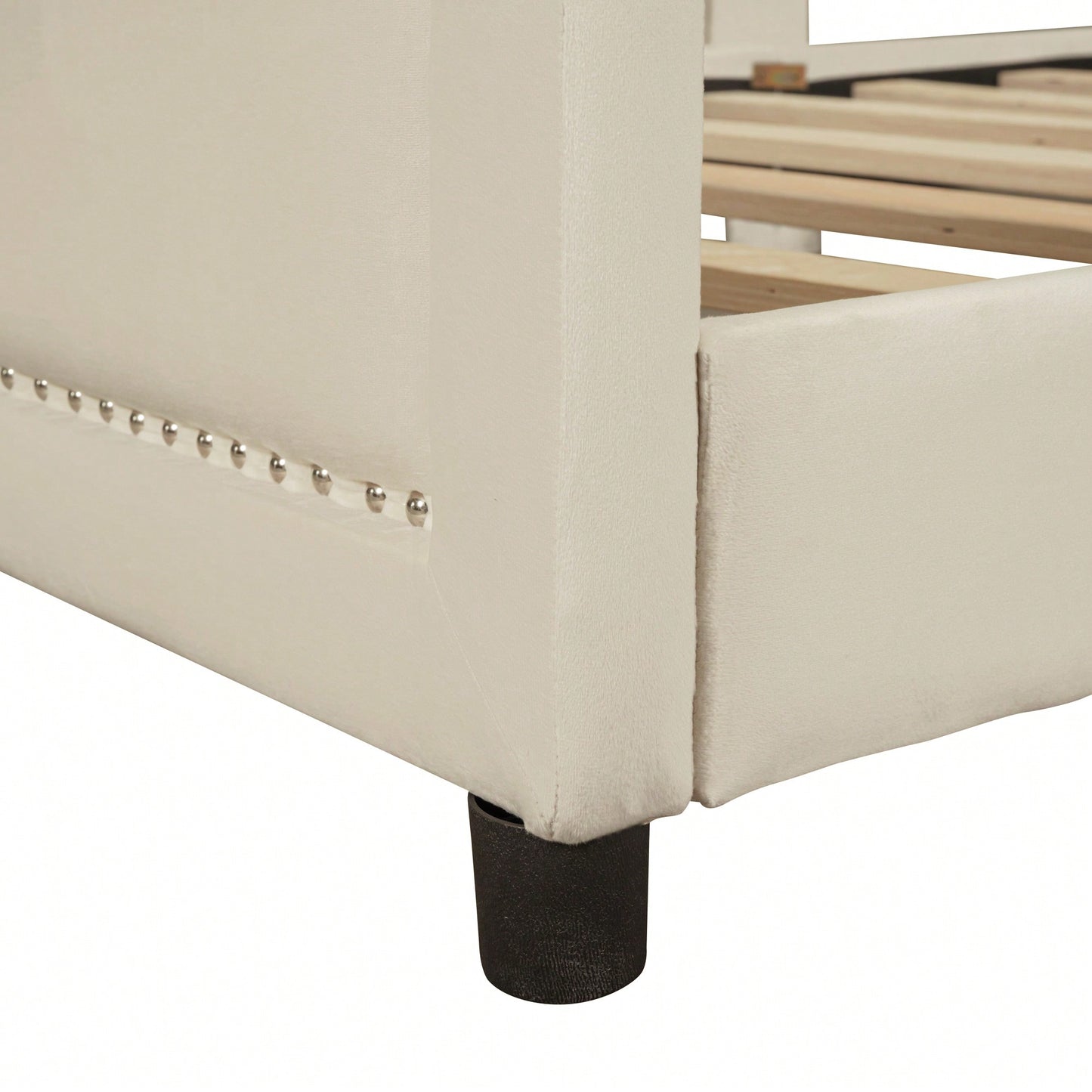 Elegant Beige Twin Size Upholstered Daybed With Classic Striped Headboard – Versatile And Stylish Sleeping Solution For Any Room