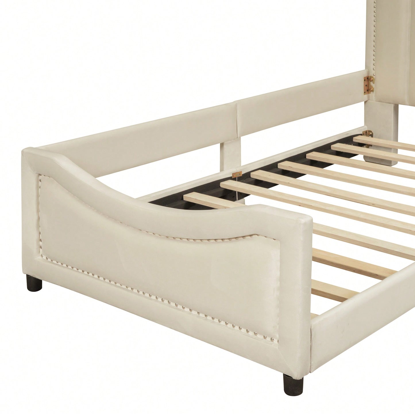 Elegant Beige Twin Size Upholstered Daybed With Classic Striped Headboard – Versatile And Stylish Sleeping Solution For Any Room