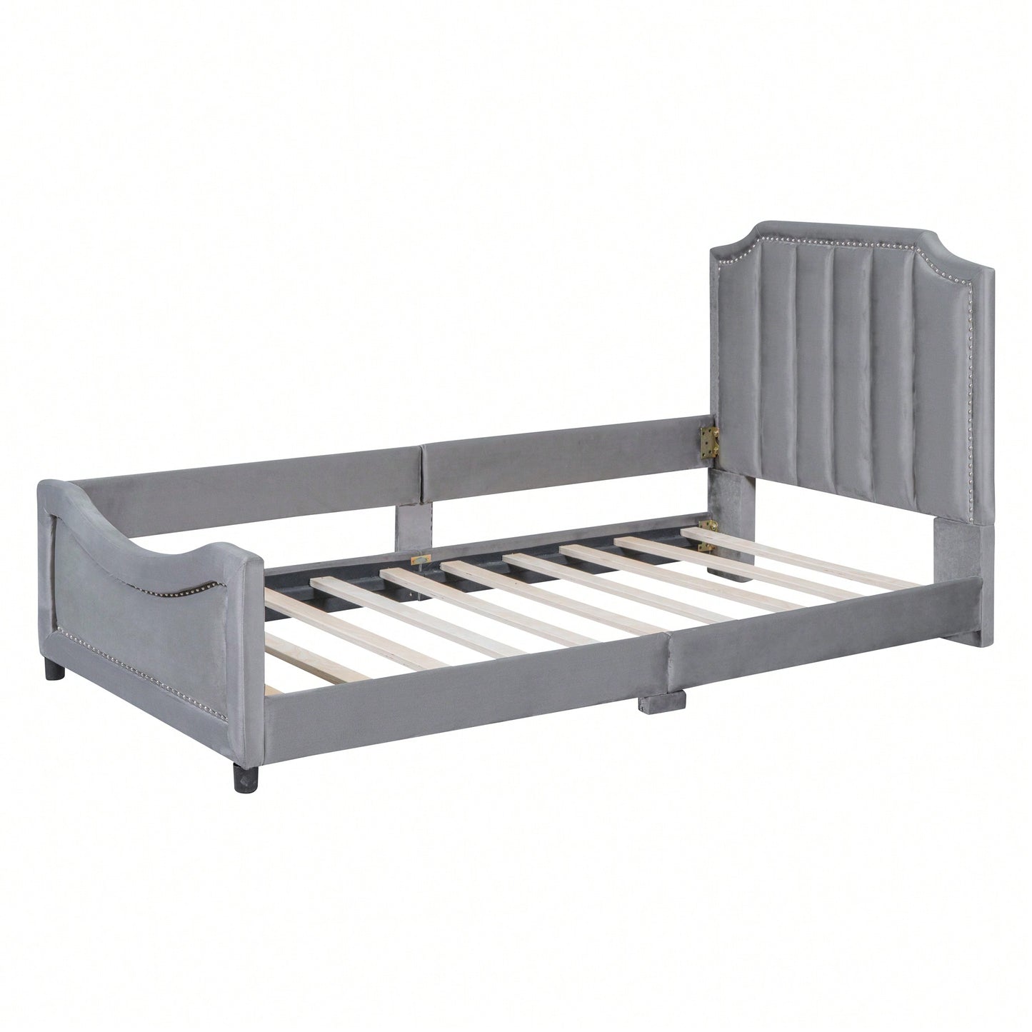 Elegant Beige Twin Size Upholstered Daybed With Classic Striped Headboard – Versatile And Stylish Sleeping Solution For Any Room