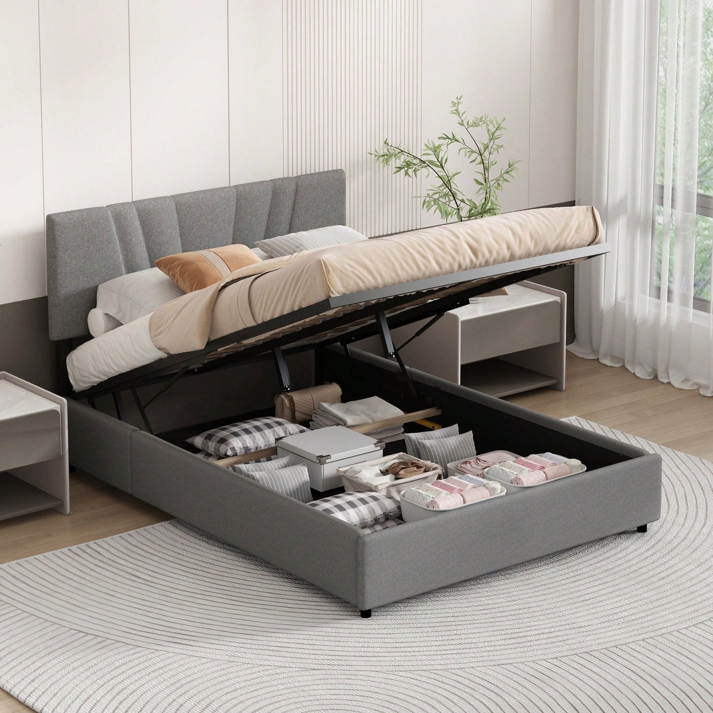 Gray Upholstered Platform Bed with Storage and Tufted Headboard for Kids Teens and Adults No Box Spring Needed