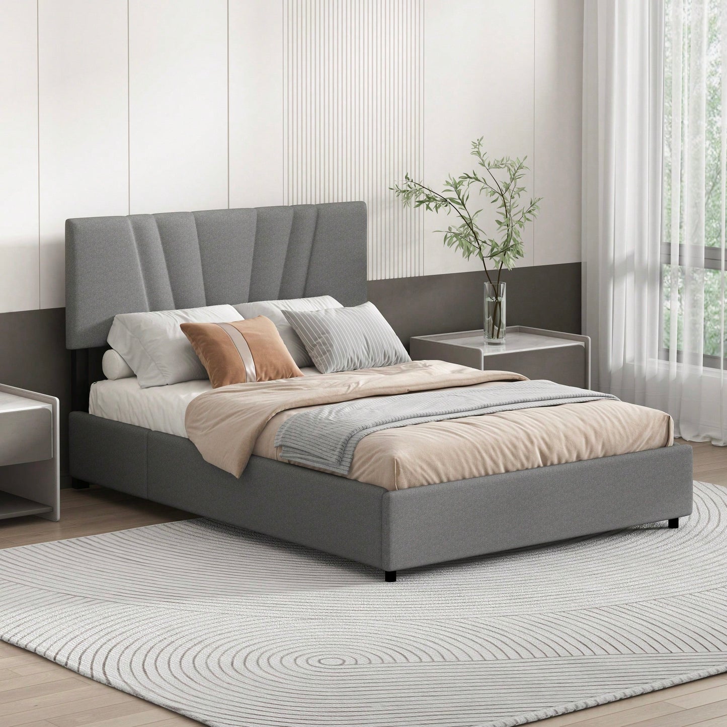 Gray Upholstered Platform Bed with Storage and Tufted Headboard for Kids Teens and Adults No Box Spring Needed