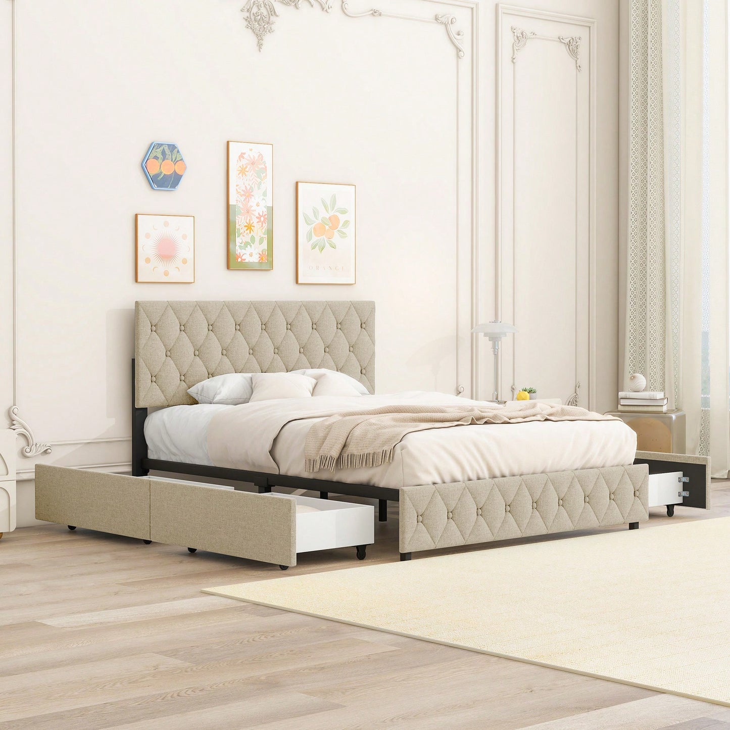 Queen Size Upholstered Platform Bed Frame with Storage Drawers Adjustable Linen Headboard Easy Assembly Light Beige