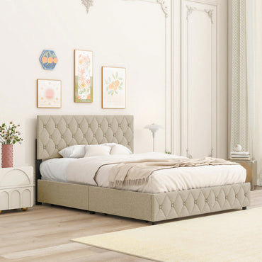 Queen Size Upholstered Platform Bed Frame with Storage Drawers Adjustable Linen Headboard Easy Assembly Light Beige